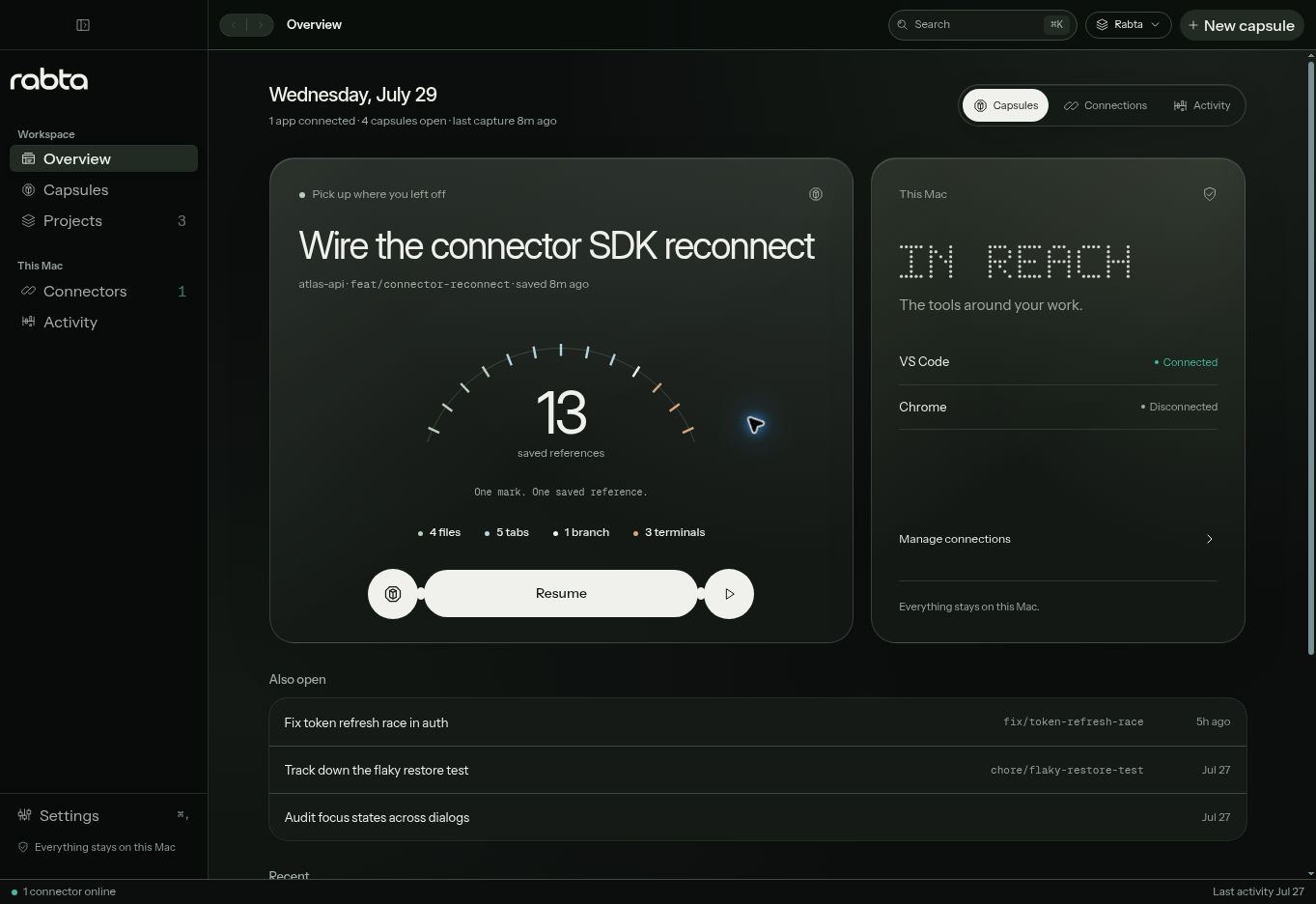 Rabta Workspace redesign: current task, connected tools and recent work